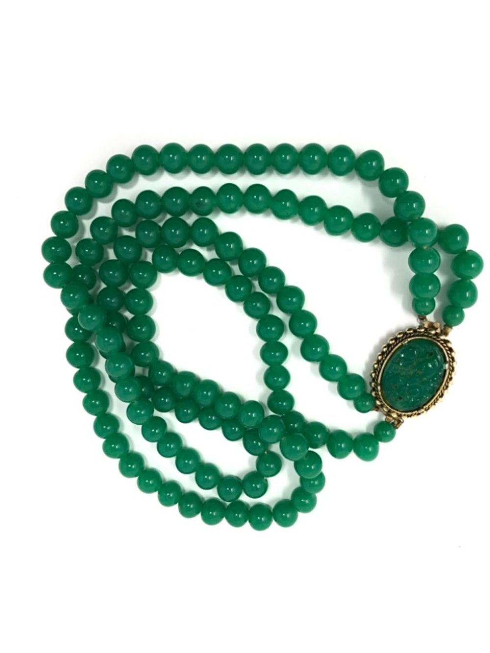 Vintage Peking glass double strand necklace w/ornate carved clasp / brooch